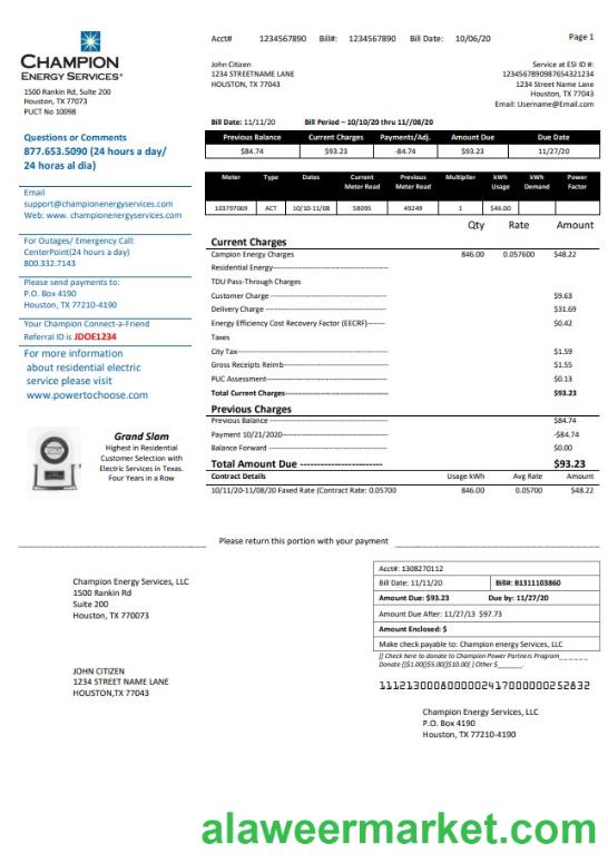 USA Texas Champion Energy Services proof of address utility bill template in Word and PDF format